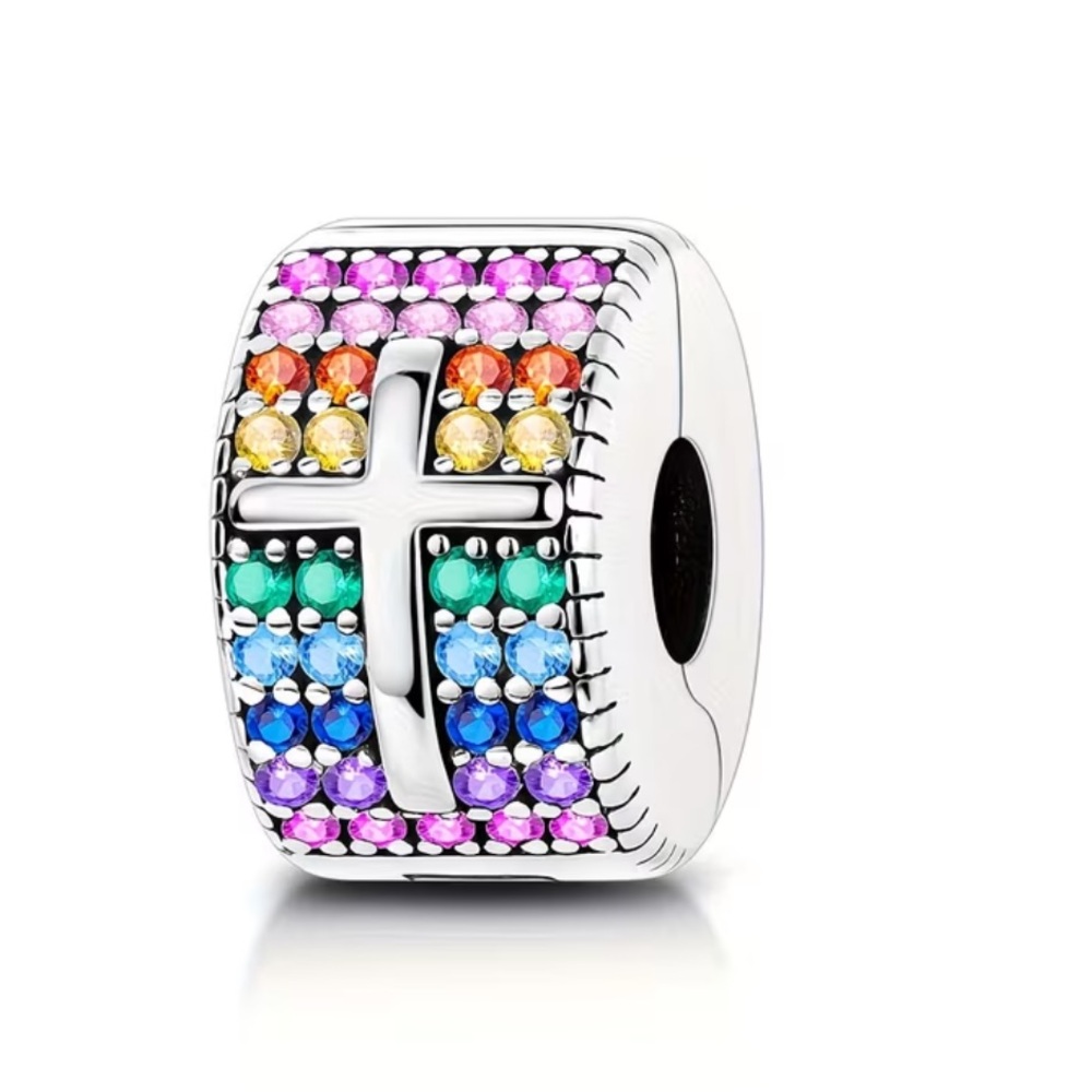 Sterling Silver Cross Rainbow Stone Clip Charm-NEW